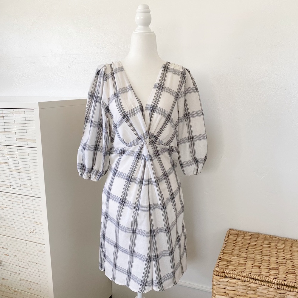Free People Miss Molly Grid Plaid Black White Puff Sleeve Dress Size 2